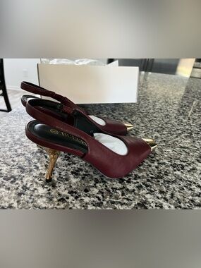 Burgundy Slingback Pointed-Toe Heels with Gold Accents